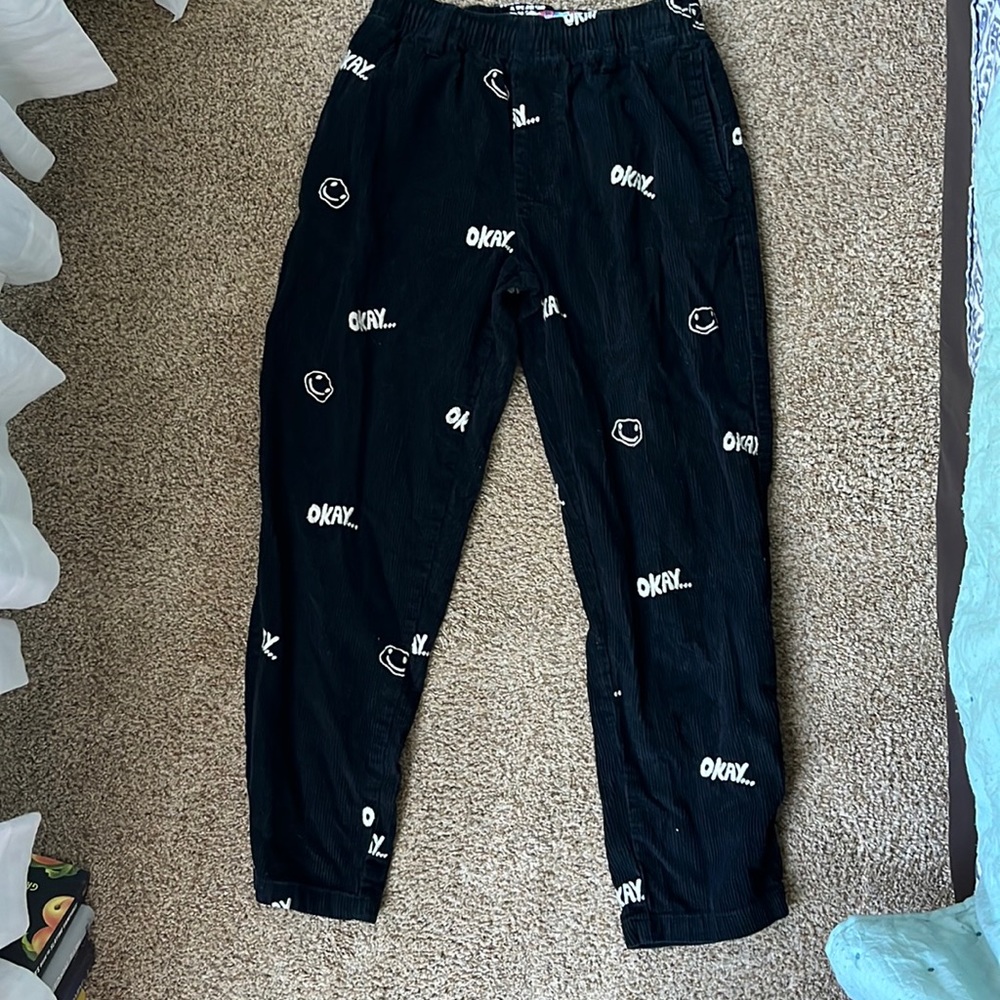 Urban Outfitters corduroy Black Wide Leg Pants smiley faces